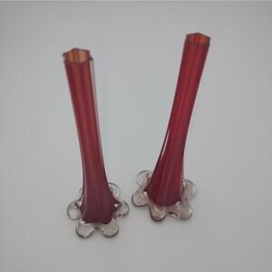 Art Glass Elephant Foot Bud Column Vase Ruby Red Fused Clear Ribbed Taper Pair